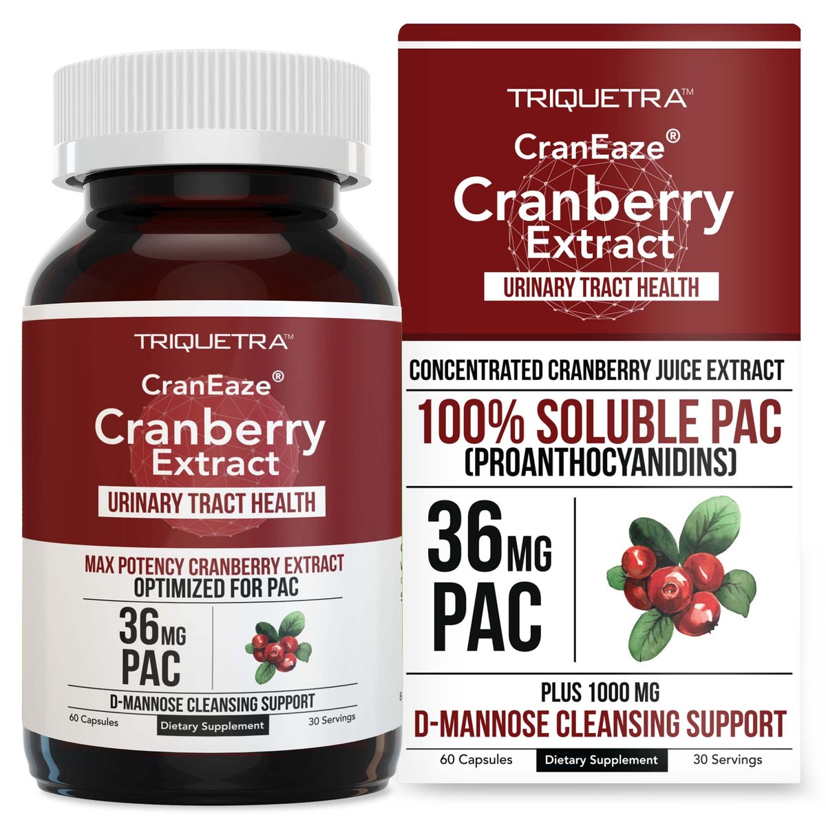 CranEaze®: Cranberrysaft-Extrakt plus D-Mannose – 36 mg PAC, 100% lösliches PAC – Unterstützt die Gesundheit der Harnwege – Wirksamste Cranberry-Kapseln für Frauen, UTI-Cranberry-Ergänzung – 60 Kapseln