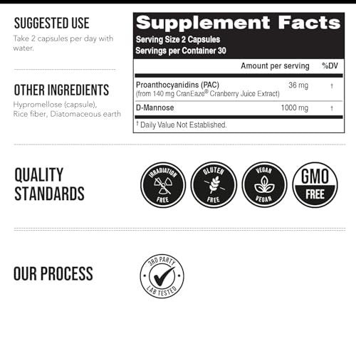 CranEaze®: Cranberrysaft-Extrakt plus D-Mannose – 36 mg PAC, 100% lösliches PAC – Unterstützt die Gesundheit der Harnwege – Wirksamste Cranberry-Kapseln für Frauen, UTI-Cranberry-Ergänzung – 60 Kapseln