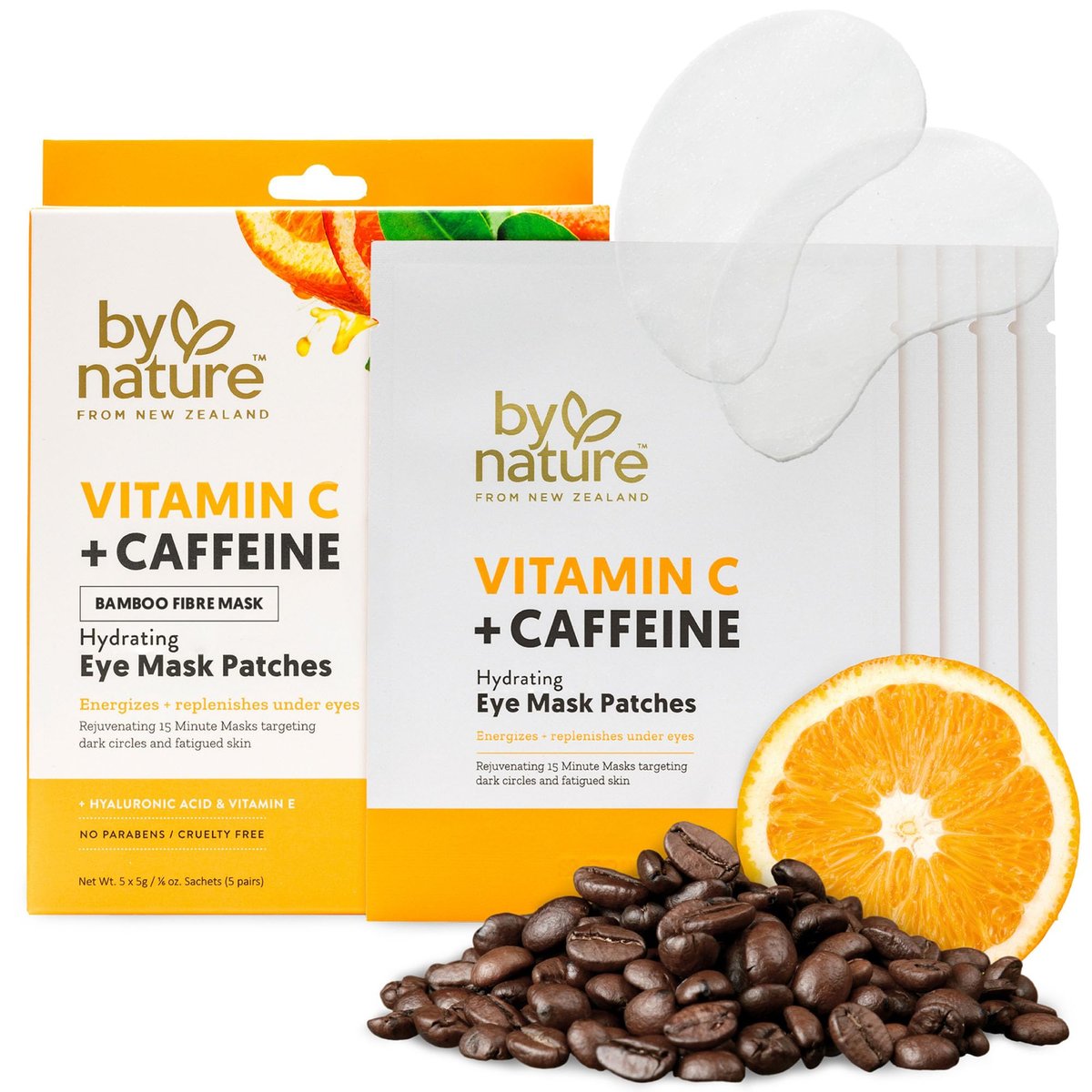 By Nature Vitamin C + Koffein + Feuchtigkeitsspendende Augenpflaster - Energisierende + Erfrischende Augenpflaster gegen dunkle Ringe - Hautpflege aus Neuseeland - 5 Paare