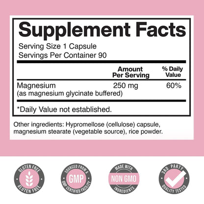 Magnesium Glycinat für Frauen 250 mg pro Kapsel, cheliertes Magnesiumglycinat, 90 Kapseln, 90 Tage Vorrat