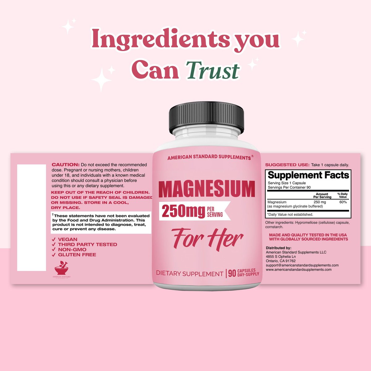 Magnesium Glycinat für Frauen 250 mg pro Kapsel, cheliertes Magnesiumglycinat, 90 Kapseln, 90 Tage Vorrat