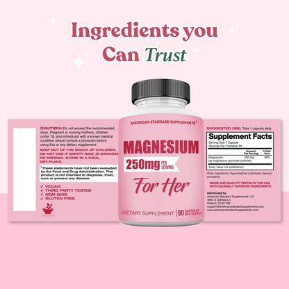Magnesium Glycinat für Frauen 250 mg pro Kapsel, cheliertes Magnesiumglycinat, 90 Kapseln, 90 Tage Vorrat