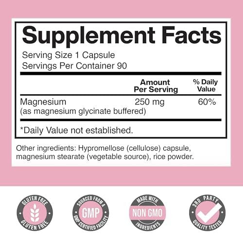 Magnesium Glycinat für Frauen 250 mg pro Kapsel, cheliertes Magnesiumglycinat, 90 Kapseln, 90 Tage Vorrat