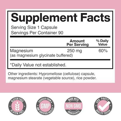 Magnesium Glycinat für Frauen 250 mg pro Kapsel, cheliertes Magnesiumglycinat, 90 Kapseln, 90 Tage Vorrat