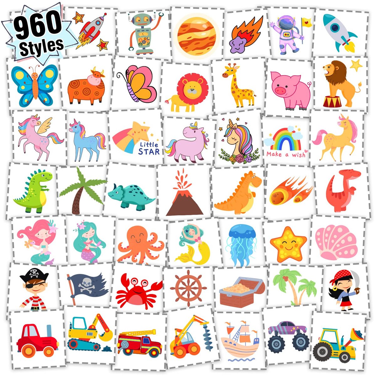 Partywind 960 Stück einzeln verpackte temporäre Tattoos für Kinder, süße Aufkleber-Tattoos für Geburtstagsfeiern, Mitgebsel, Weihnachtsspiele (20 Blatt)
