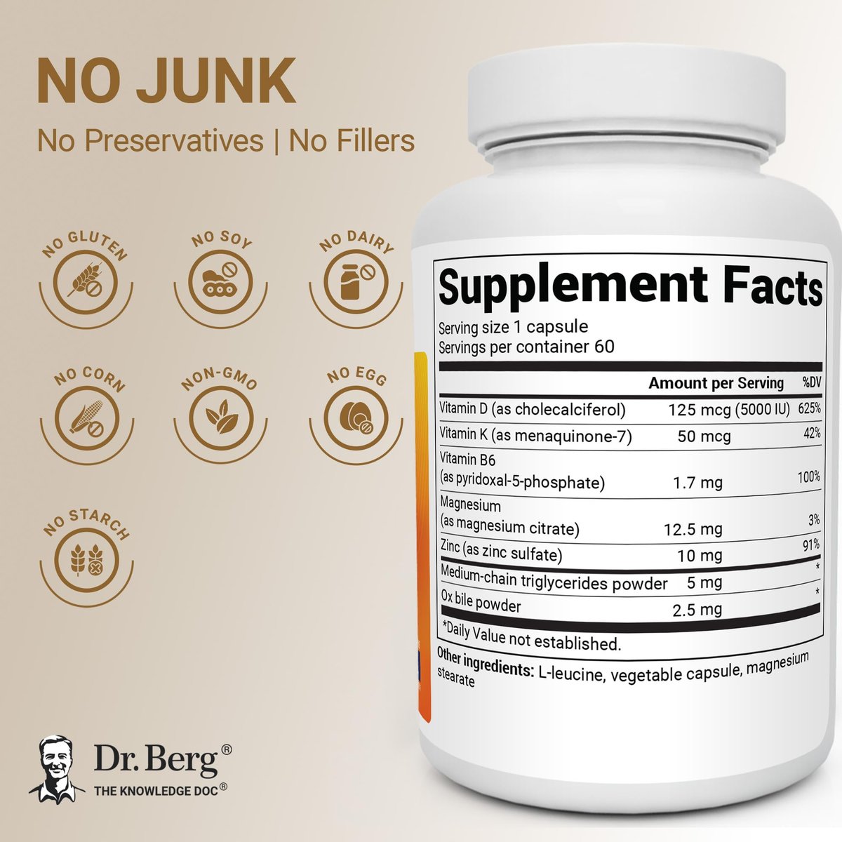 Dr. Berg Maximum Stärke 2-in-1 Vitamin D3 K2 5.000 IE | Natürlich gewonnenes D3 | 4-fach laborgeprüft & verifiziert | Hochabsorbierendes Formula | D3 K2 Vitamin Supplement - 60 Kapseln