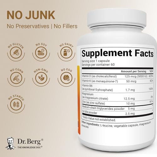 Dr. Berg Maximum Stärke 2-in-1 Vitamin D3 K2 5.000 IE | Natürlich gewonnenes D3 | 4-fach laborgeprüft & verifiziert | Hochabsorbierendes Formula | D3 K2 Vitamin Supplement - 60 Kapseln