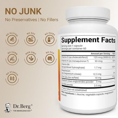 Dr. Berg Maximum Stärke 2-in-1 Vitamin D3 K2 5.000 IE | Natürlich gewonnenes D3 | 4-fach laborgeprüft & verifiziert | Hochabsorbierendes Formula | D3 K2 Vitamin Supplement - 60 Kapseln