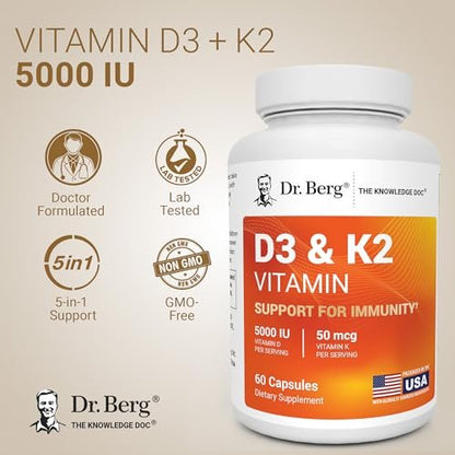 Dr. Berg Maximum Stärke 2-in-1 Vitamin D3 K2 5.000 IE | Natürlich gewonnenes D3 | 4-fach laborgeprüft & verifiziert | Hochabsorbierendes Formula | D3 K2 Vitamin Supplement - 60 Kapseln