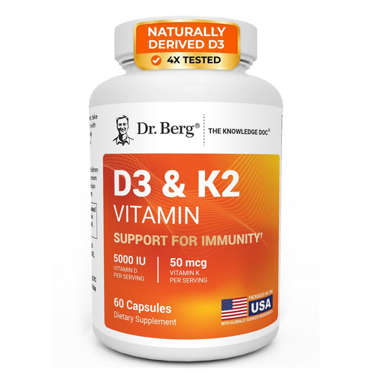 Dr. Berg Maximum Stärke 2-in-1 Vitamin D3 K2 5.000 IE | Natürlich gewonnenes D3 | 4-fach laborgeprüft & verifiziert | Hochabsorbierendes Formula | D3 K2 Vitamin Supplement - 60 Kapseln