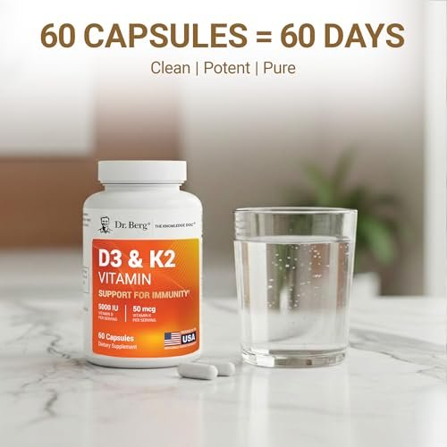 Dr. Berg Maximum Stärke 2-in-1 Vitamin D3 K2 5.000 IE | Natürlich gewonnenes D3 | 4-fach laborgeprüft & verifiziert | Hochabsorbierendes Formula | D3 K2 Vitamin Supplement - 60 Kapseln