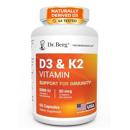 Dr. Berg Maximum Stärke 2-in-1 Vitamin D3 K2 5.000 IE | Natürlich gewonnenes D3 | 4-fach laborgeprüft & verifiziert | Hochabsorbierendes Formula | D3 K2 Vitamin Supplement - 60 Kapseln