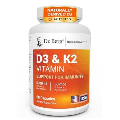 Dr. Berg Maximum Stärke 2-in-1 Vitamin D3 K2 5.000 IE | Natürlich gewonnenes D3 | 4-fach laborgeprüft & verifiziert | Hochabsorbierendes Formula | D3 K2 Vitamin Supplement - 60 Kapseln