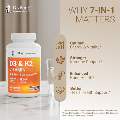 Dr. Berg Maximum Stärke 2-in-1 Vitamin D3 K2 5.000 IE | Natürlich gewonnenes D3 | 4-fach laborgeprüft & verifiziert | Hochabsorbierendes Formula | D3 K2 Vitamin Supplement - 60 Kapseln
