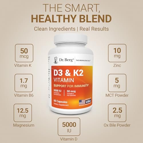 Dr. Berg Maximum Stärke 2-in-1 Vitamin D3 K2 5.000 IE | Natürlich gewonnenes D3 | 4-fach laborgeprüft & verifiziert | Hochabsorbierendes Formula | D3 K2 Vitamin Supplement - 60 Kapseln