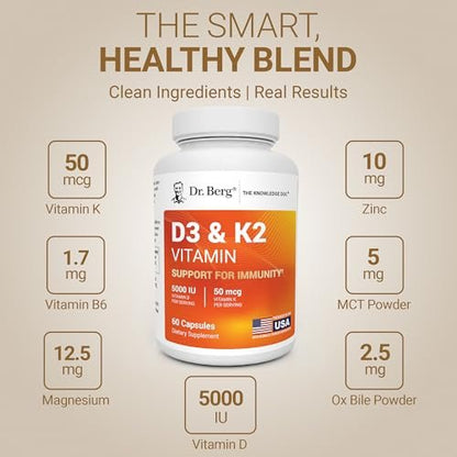 Dr. Berg Maximum Stärke 2-in-1 Vitamin D3 K2 5.000 IE | Natürlich gewonnenes D3 | 4-fach laborgeprüft & verifiziert | Hochabsorbierendes Formula | D3 K2 Vitamin Supplement - 60 Kapseln