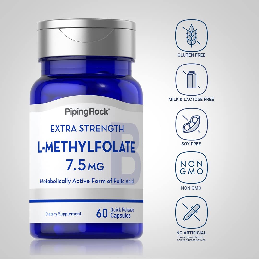 Piping Rock L-Methylfolat 7,5 mg | 60 Kapseln | Hochdosiertes Nahrungsergänzungsmittel | Aktive Folsäure | Nicht-GVO, Glutenfrei