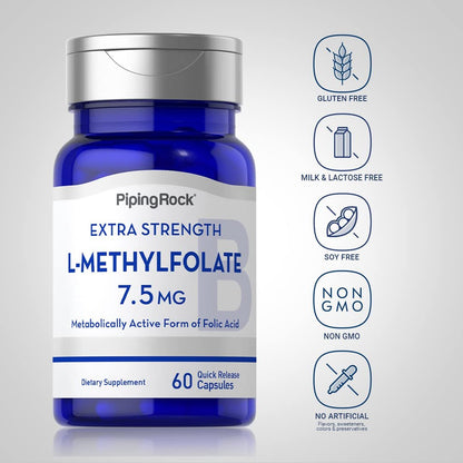 Piping Rock L-Methylfolat 7,5 mg | 60 Kapseln | Hochdosiertes Nahrungsergänzungsmittel | Aktive Folsäure | Nicht-GVO, Glutenfrei
