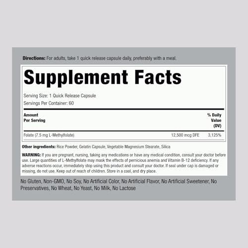 Piping Rock L-Methylfolat 7,5 mg | 60 Kapseln | Hochdosiertes Nahrungsergänzungsmittel | Aktive Folsäure | Nicht-GVO, Glutenfrei