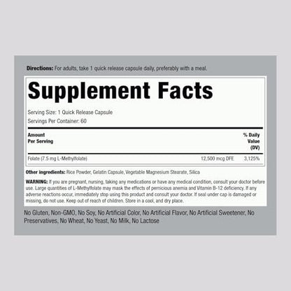 Piping Rock L-Methylfolat 7,5 mg | 60 Kapseln | Hochdosiertes Nahrungsergänzungsmittel | Aktive Folsäure | Nicht-GVO, Glutenfrei