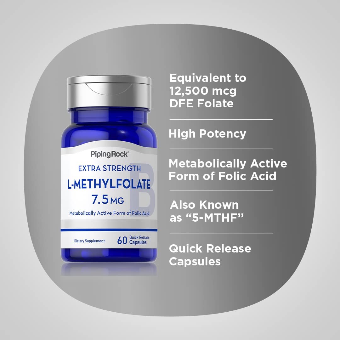 Piping Rock L-Methylfolat 7,5 mg | 60 Kapseln | Hochdosiertes Nahrungsergänzungsmittel | Aktive Folsäure | Nicht-GVO, Glutenfrei