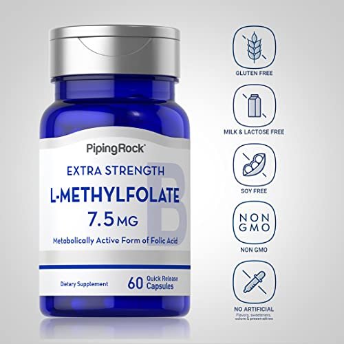 Piping Rock L-Methylfolat 7,5 mg | 60 Kapseln | Hochdosiertes Nahrungsergänzungsmittel | Aktive Folsäure | Nicht-GVO, Glutenfrei