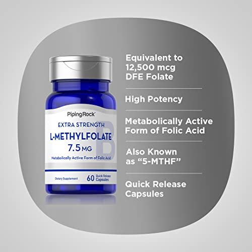 Piping Rock L-Methylfolat 7,5 mg | 60 Kapseln | Hochdosiertes Nahrungsergänzungsmittel | Aktive Folsäure | Nicht-GVO, Glutenfrei
