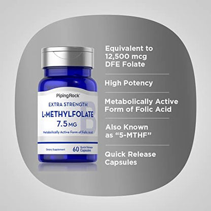 Piping Rock L-Methylfolat 7,5 mg | 60 Kapseln | Hochdosiertes Nahrungsergänzungsmittel | Aktive Folsäure | Nicht-GVO, Glutenfrei