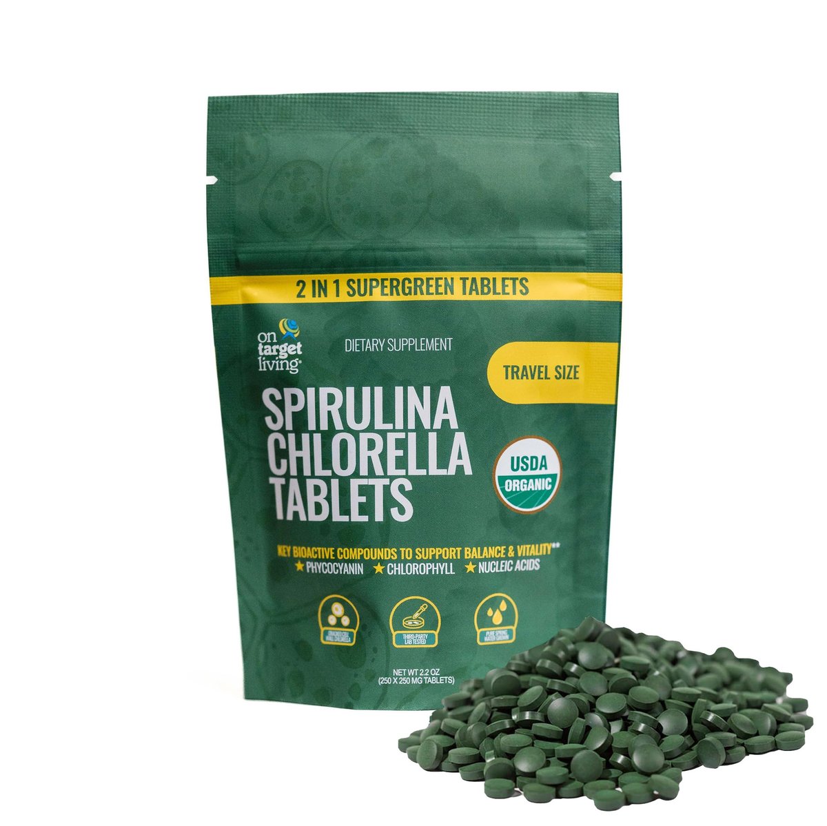 On Target Living Bio Spirulina Chlorella Reisegröße | Superfoods | USDA Bio | 250 Tabletten - 250 g (2,2 oz) | Vegan | Immununterstützung | Basenbildend | Proteinreich