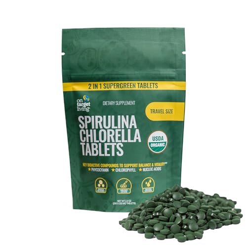 On Target Living Bio Spirulina Chlorella Reisegröße | Superfoods | USDA Bio | 250 Tabletten - 250 g (2,2 oz) | Vegan | Immununterstützung | Basenbildend | Proteinreich