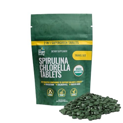 On Target Living Bio Spirulina Chlorella Reisegröße | Superfoods | USDA Bio | 250 Tabletten - 250 g (2,2 oz) | Vegan | Immununterstützung | Basenbildend | Proteinreich