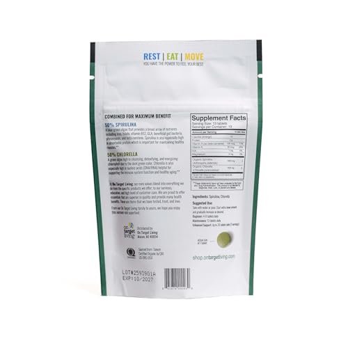 On Target Living Bio Spirulina Chlorella Reisegröße | Superfoods | USDA Bio | 250 Tabletten - 250 g (2,2 oz) | Vegan | Immununterstützung | Basenbildend | Proteinreich