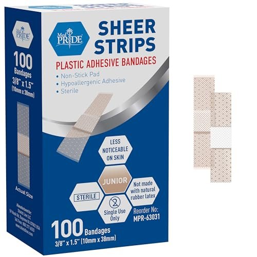 MED PRIVE Junior Strip Verbände für Finger, 100 Stück, 3/8 Zoll x 1,5 Zoll, hypoallergen, latexfrei, nicht haftendes Pad