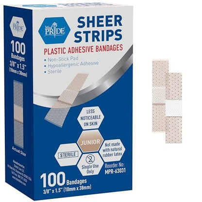 MED PRIVE Junior Strip Verbände für Finger, 100 Stück, 3/8 Zoll x 1,5 Zoll, hypoallergen, latexfrei, nicht haftendes Pad