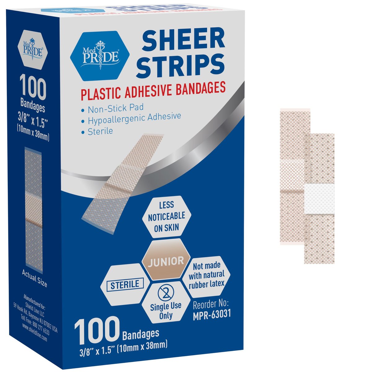 MED PRIVE Junior Strip Verbände für Finger, 100 Stück, 3/8 Zoll x 1,5 Zoll, hypoallergen, latexfrei, nicht haftendes Pad