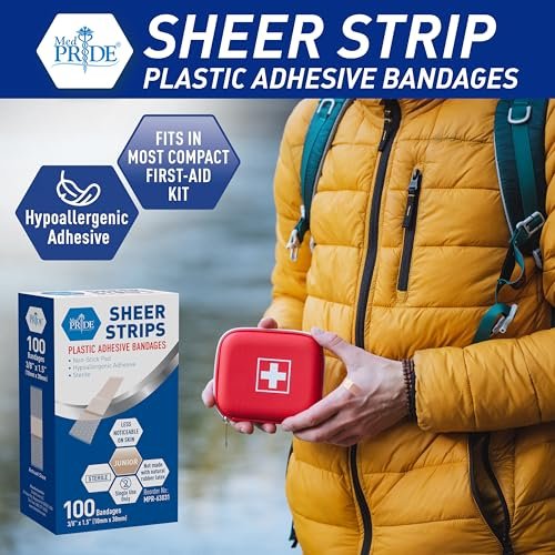 MED PRIVE Junior Strip Verbände für Finger, 100 Stück, 3/8 Zoll x 1,5 Zoll, hypoallergen, latexfrei, nicht haftendes Pad
