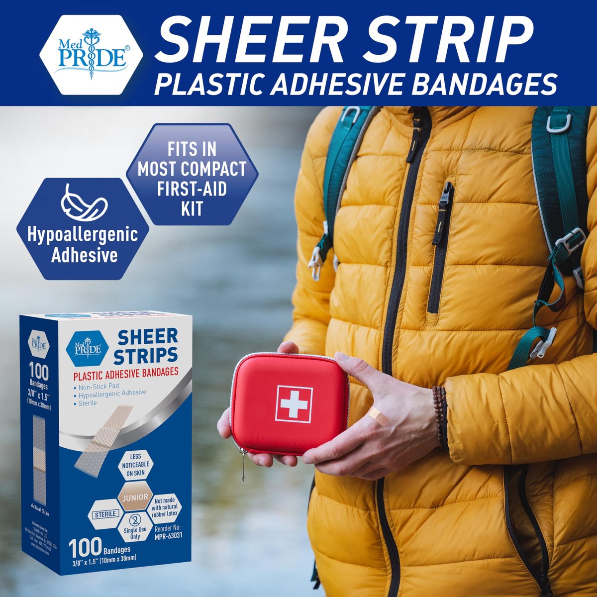 MED PRIVE Junior Strip Verbände für Finger, 100 Stück, 3/8 Zoll x 1,5 Zoll, hypoallergen, latexfrei, nicht haftendes Pad