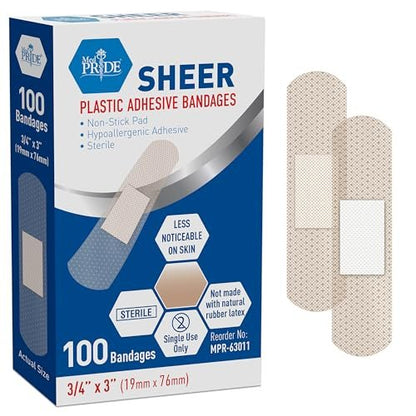 MED PRIDE Sheer-Pflaster, Latexfrei, für empfindliche Haut, steril, nicht haftendes Pad, hypoallergen, haftende Erste-Hilfe-Streifen, 100 Stück (1,9 cm x 7,6 cm)