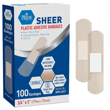 MED PRIDE Sheer-Pflaster, Latexfrei, für empfindliche Haut, steril, nicht haftendes Pad, hypoallergen, haftende Erste-Hilfe-Streifen, 100 Stück (1,9 cm x 7,6 cm)