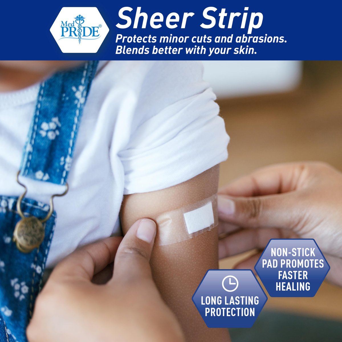 MED PRIDE Sheer-Pflaster, Latexfrei, für empfindliche Haut, steril, nicht haftendes Pad, hypoallergen, haftende Erste-Hilfe-Streifen, 100 Stück (1,9 cm x 7,6 cm)