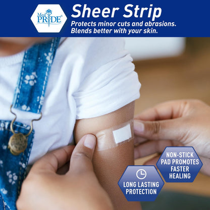 MED PRIDE Sheer-Pflaster, Latexfrei, für empfindliche Haut, steril, nicht haftendes Pad, hypoallergen, haftende Erste-Hilfe-Streifen, 100 Stück (1,9 cm x 7,6 cm)