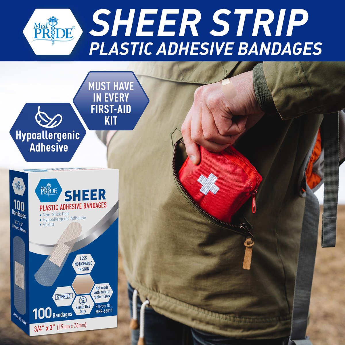 MED PRIDE Sheer-Pflaster, Latexfrei, für empfindliche Haut, steril, nicht haftendes Pad, hypoallergen, haftende Erste-Hilfe-Streifen, 100 Stück (1,9 cm x 7,6 cm)