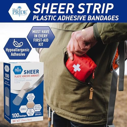 MED PRIDE Sheer-Pflaster, Latexfrei, für empfindliche Haut, steril, nicht haftendes Pad, hypoallergen, haftende Erste-Hilfe-Streifen, 100 Stück (1,9 cm x 7,6 cm)