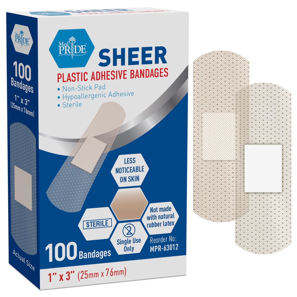 MED PRIDE Durchsichtige Pflaster, Latexfrei für Empfindliche Haut, Sterile Kunststoffstreifen mit Saugkompresse, Hypoallergener Kleber, 100 Stück (1" x 3")