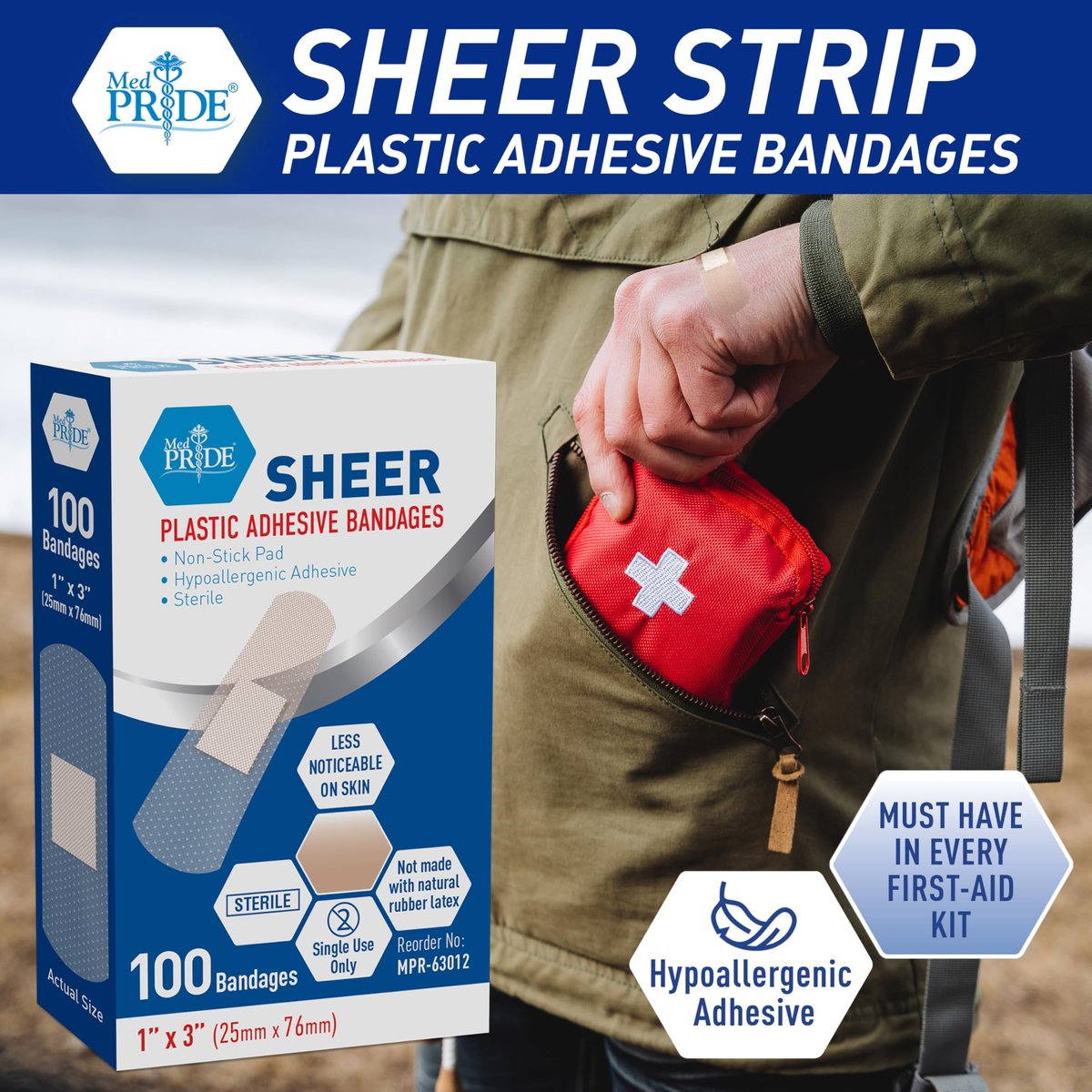 MED PRIDE Durchsichtige Pflaster, Latexfrei für Empfindliche Haut, Sterile Kunststoffstreifen mit Saugkompresse, Hypoallergener Kleber, 100 Stück (1" x 3")