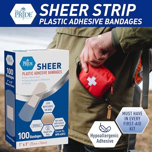 MED PRIDE Durchsichtige Pflaster, Latexfrei für Empfindliche Haut, Sterile Kunststoffstreifen mit Saugkompresse, Hypoallergener Kleber, 100 Stück (1" x 3")