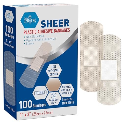 MED PRIDE Durchsichtige Pflaster, Latexfrei für Empfindliche Haut, Sterile Kunststoffstreifen mit Saugkompresse, Hypoallergener Kleber, 100 Stück (1" x 3")