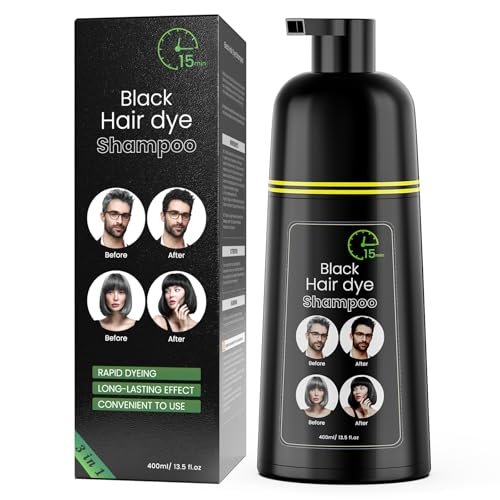 COSMTEK Schwarze Haarfarbe Shampoo, Semi-permanentes Haarfarbenshampoo für Frauen und Männer, Kräuterinhaltsstoffe und kein Ammoniak, 3-in-1 100% Grauabdeckung 400ml/13,5 fl.oz