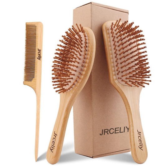 3er-Set Bambus-Haarbürsten-Set – Natürliche Holzbürsten für Damen, Entwirrungs-Paddle-Bürste für trockenes, lockiges, dickes, feines, glattes Haar