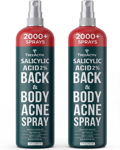 TreeActiv Salicylsäure Rücken & Körper Akne Spray – Feiner Nebel gegen Bacne & Brustakne, mit Teebaumöl + Eukalyptus, schnell trocknend, nicht färbend, 4 fl oz (2er-Pack, insgesamt 8 fl oz)